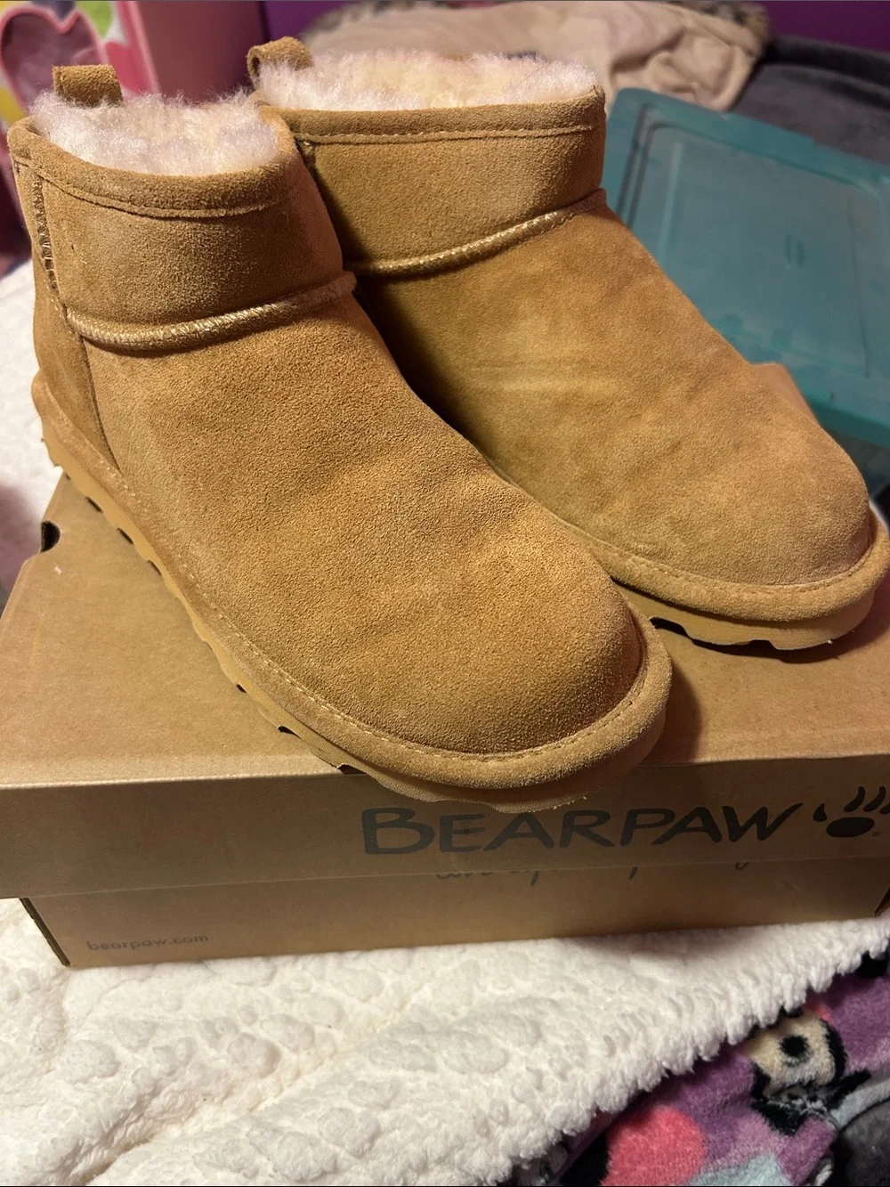 BearPaw Women’s Tan Suede Shearling Ankle Boots